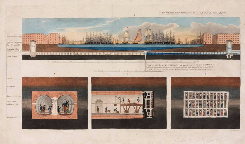 A detailed illustration of different sections of the construction of the Thames Tunnel, showing people building the tunnel using tools.