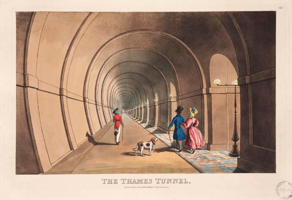 A colourful illustration of 3 well-dressed people and a dog walking down a tunnel.