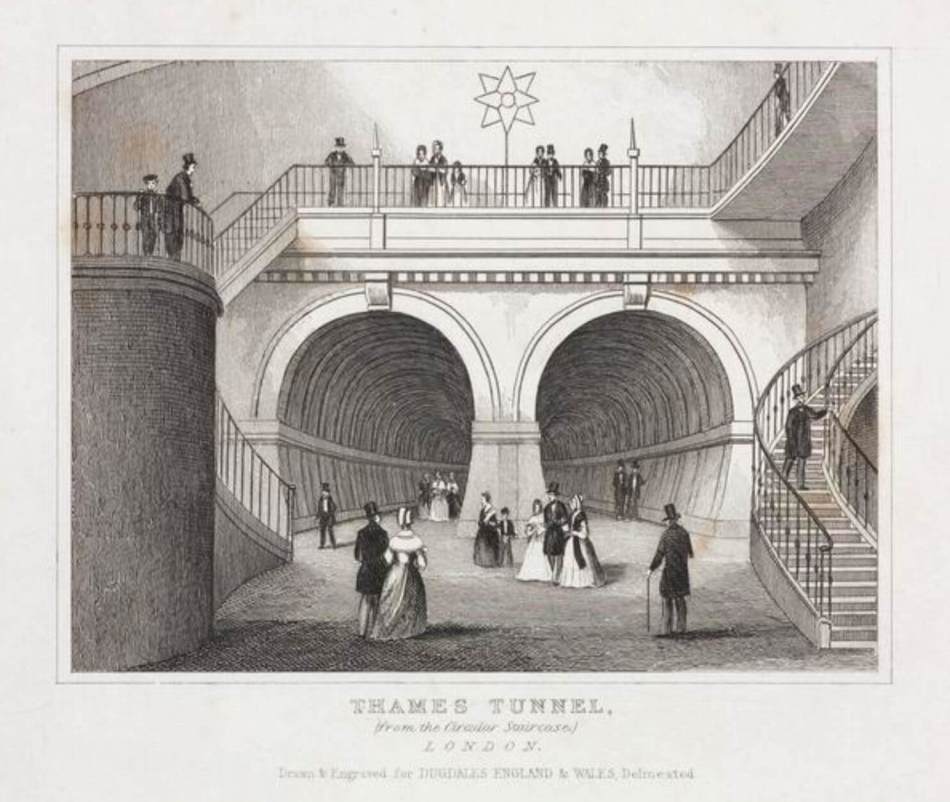 An illustration of 2 circular entrances to a tunnel, with well-dressed people walking through the entrance areas and open staircases.