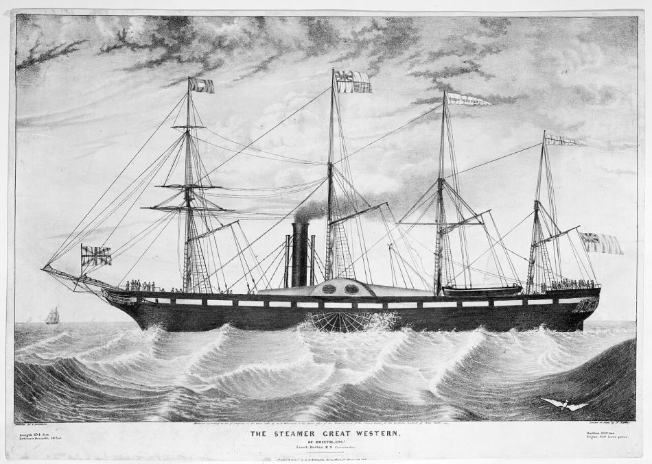 A black and white illustration of a steam-powered ship at sea.