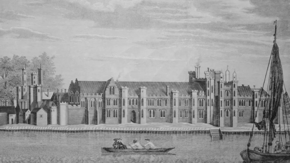 A black and white drawing of what Greenwich Palace may have looked like in the early 16th century before it was demolished. It is pictured by the River Thames with a rowing boat and sailing boat.