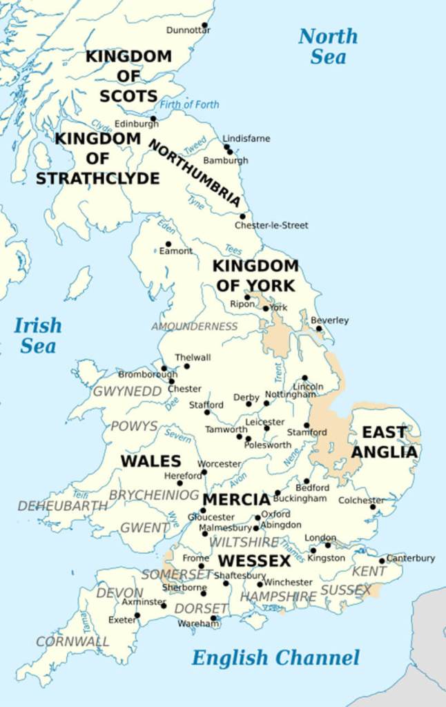 A map of England, Wales and most of Scotland, showing the different kingdoms and towns in the 10th century.