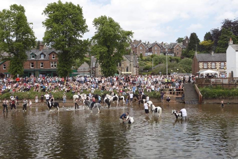 A photograph of Gypsies and Travellers washing their horses and ponies in the River Eden before parading them for
sale at Appleby Horse Fair.