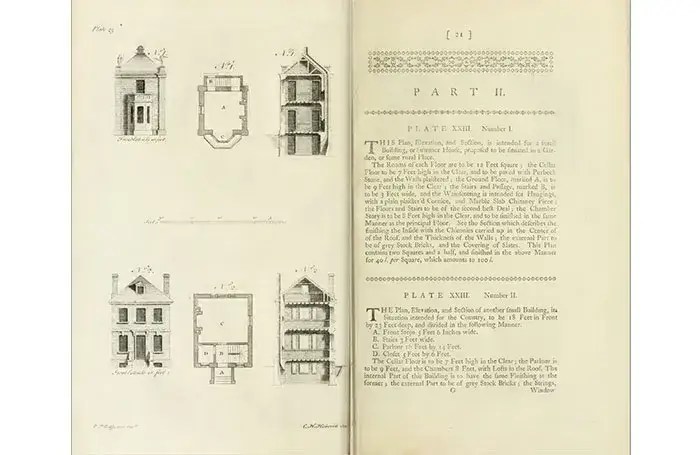 A scan of 2 pages of a historic book showing architectural designs for house building on the left page, with text on the right page.
