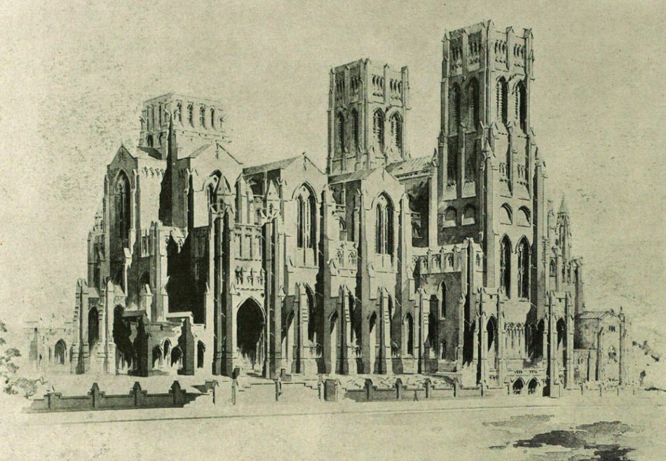 A monochrome cathedral design illustration.